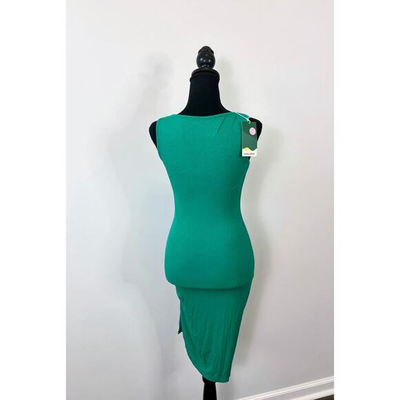 Halara U Neck Bodycon Midi Dress in Vivid Green Small Sleeveless Ruched Ribbed - Picture 3 of 5